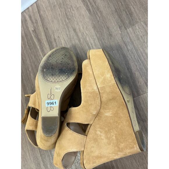 Jessica Simpson Camel Suede Platform Peeptoe Wedes Sz 7 - Picture 6 of 6